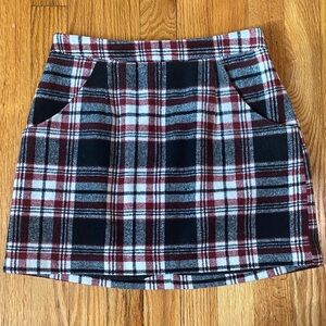 Burgundy and Black Plaid Mini Skirt with Pockets